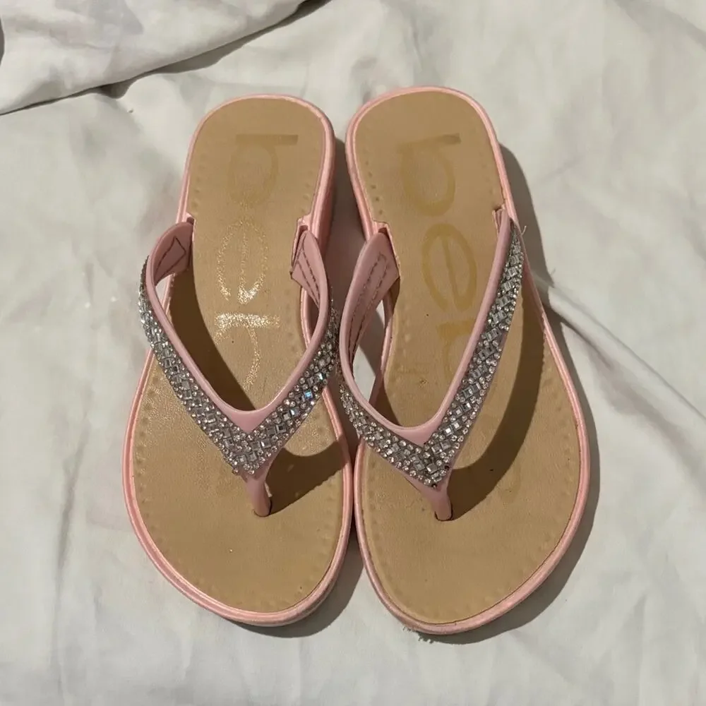 Bebe Pink Rhinestone wedge tween toe flip flops with heel Sandals 11/12 euc